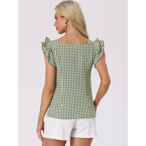 Summer Gingham Tops Square Neck Ruffle Cap Sleeve Blouses Dark Green - Picture 3 of 6